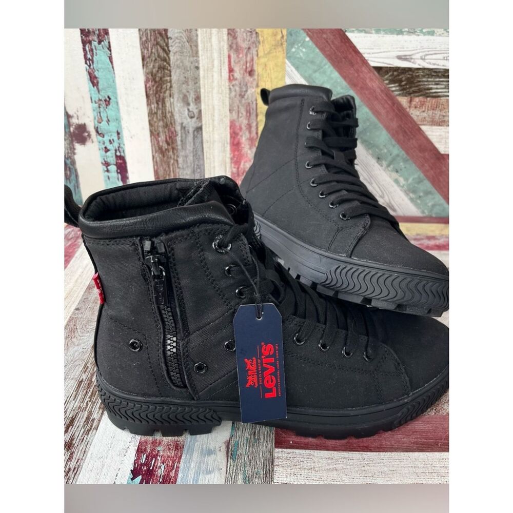 Levi’s Men’s Black Lace-Up Hi-Top Sneakers NWT Zip Sides Canvas Y2K SZ 7